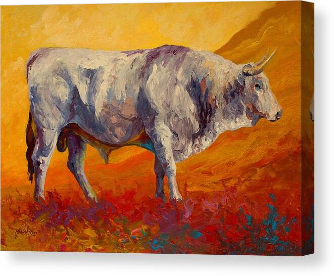 Cows Canvas Print featuring the painting White Bull by Marion Rose