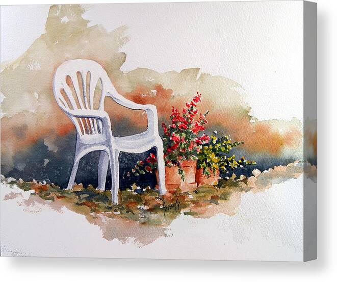 Chair Canvas Print featuring the painting White Chair with Flower Pots by Sam Sidders