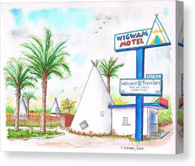 Wigman Motel Canvas Print featuring the painting Wigman Motel, Route 66, San Bernardino, CA by Carlos G Groppa