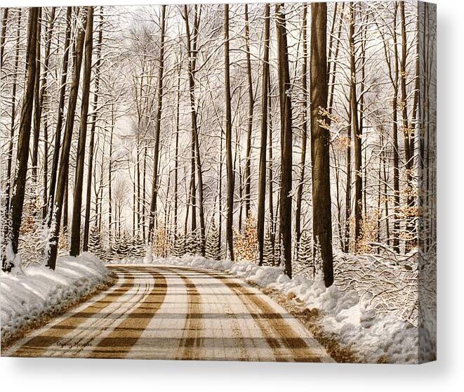 Road Canvas Print featuring the painting Winter Road through the Forest by Conrad Mieschke