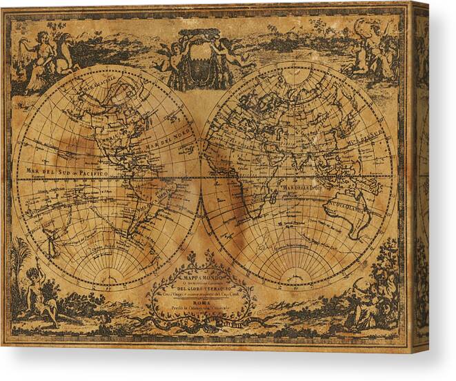 World Globe Map Old Antique Stained Yellowed 1788 Ancient Canvas Print featuring the photograph World Map 1788 by Kitty Ellis