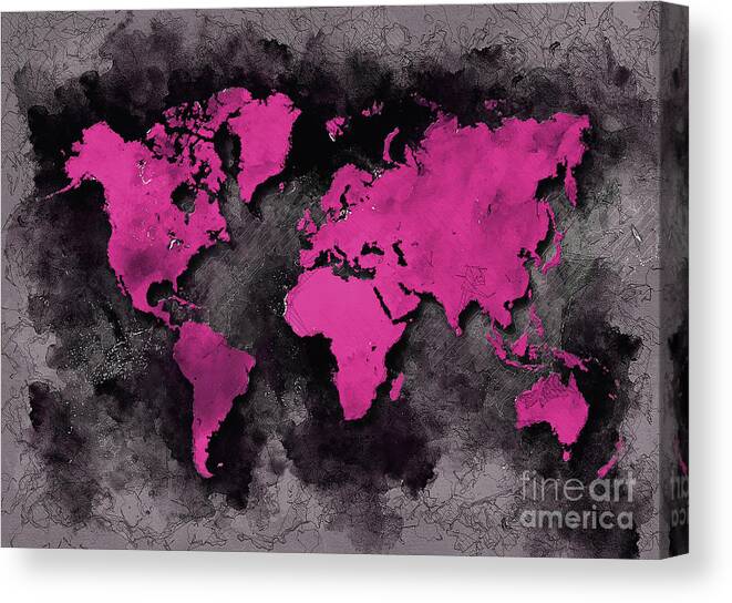 Map Of The World Canvas Print featuring the digital art World Map Purple Black by Justyna Jaszke JBJart