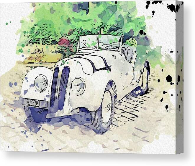 Retro Canvas Print featuring the painting 1937 BMW 328 Roadster 3 watercolor by Ahmet Asar by Celestial Images
