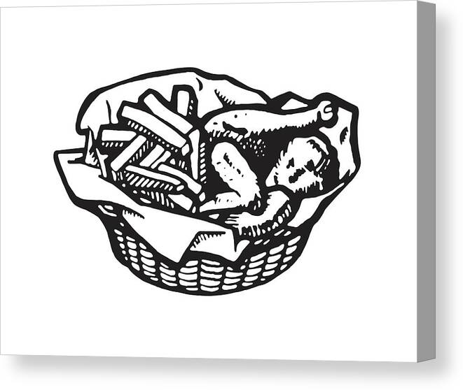 Archive Canvas Print featuring the drawing Basket of Fried Chicken and Fries #1 by CSA Images