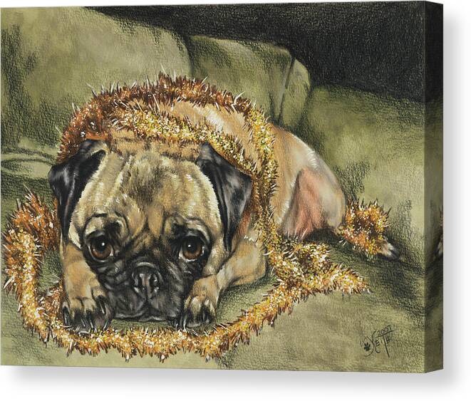 Pug Laying On Couch Tangled In Garland Canvas Print featuring the painting Just Wanted To Help #1 by Barbara Keith