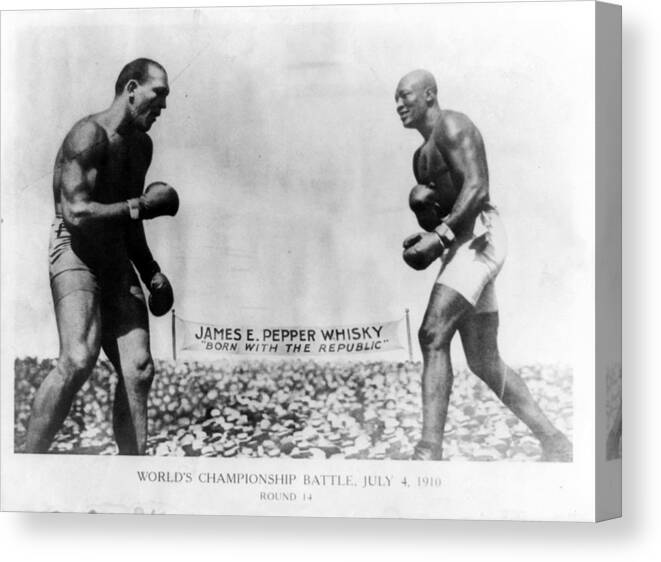 Man Canvas Print featuring the painting 1910 BOXING Jack Johnson vs James Jeffries Worlds Championship by Celestial Images