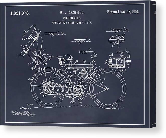 1919 W. J. Canfield Motorcycle Patent Print Canvas Print featuring the drawing 1919 W. J. Canfield Motorcycle Blackboard Patent Print by Greg Edwards
