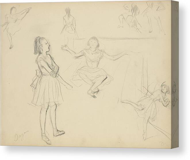 Drawings Canvas Print featuring the drawing Ballet Dancers Rehearsing by Edgar Degas