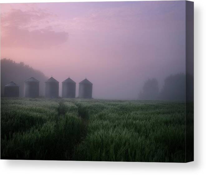 Grain Silos Canvas Print featuring the photograph All in a Row by Dan Jurak