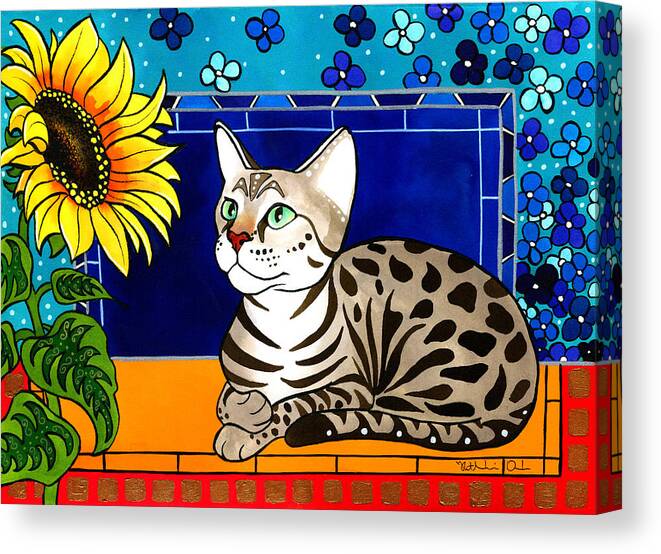 Beauty In Bloom Canvas Print featuring the painting Beauty in Bloom - Savannah Cat Painting by Dora Hathazi Mendes