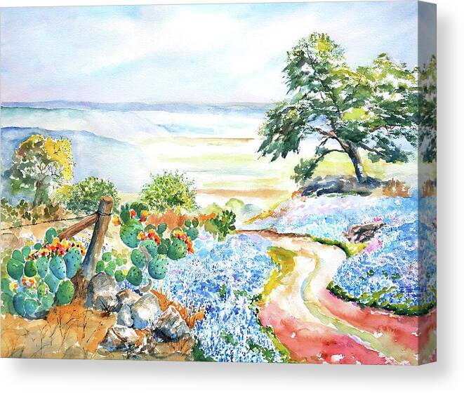 Texas Canvas Print featuring the painting Bluebonnets - Texas Hill Country in Spring by Carlin Blahnik CarlinArtWatercolor