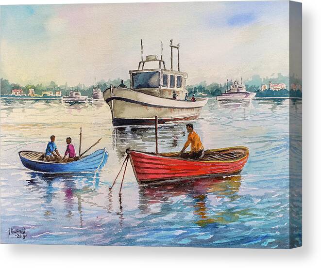 Kenya Art Canvas Print featuring the painting Boats on a Lake by Anthony Mwangi