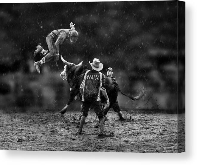 Rodeo Bull Riding Rain Mood Feelings Canvas Print featuring the photograph Bull Riding #5 by Little7