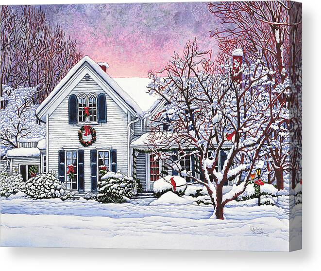 House Decorated For Christmas Canvas Print featuring the painting Christmas Cardinals, Orchard Park, Ny by Thelma Winter