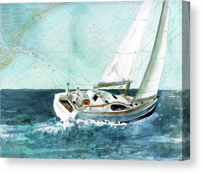 Watercolor Teal Sea Ocean Sailboat Coastal Map Seascape Canvas Print featuring the painting Coastal Sailing by Carol Robinson