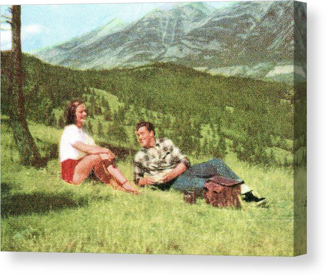 Campy Canvas Print featuring the drawing Couple Having a Picnic on a Hillside by CSA Images