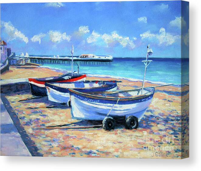 Cromer Canvas Print featuring the painting Crab Boats on Cromer Beach by John Clark