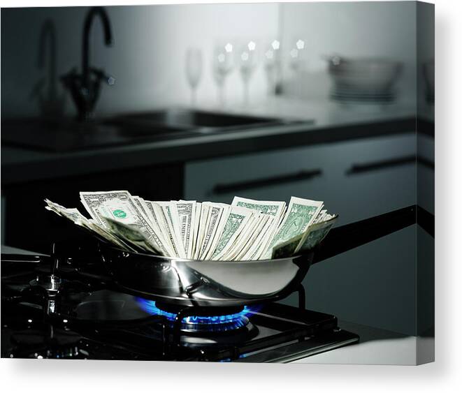 Problems Canvas Print featuring the photograph Dollar Bills In Frying Pan On Stove by Walter Zerla