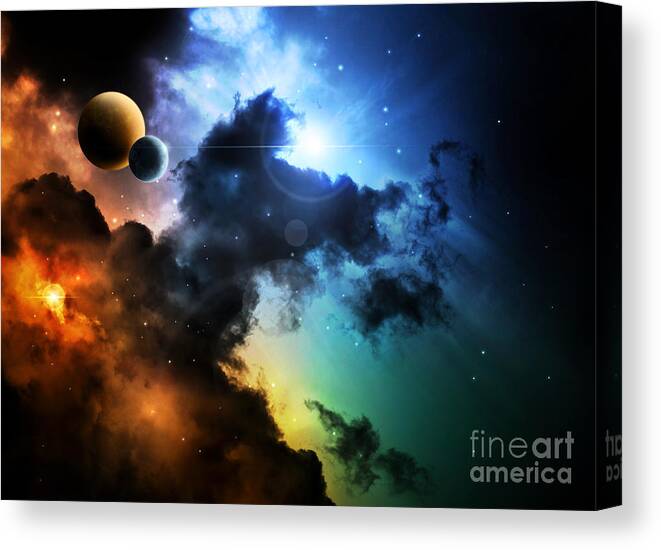 Harmony Canvas Print featuring the digital art Fantasy Deep Space Nebula With Planet by Homeart
