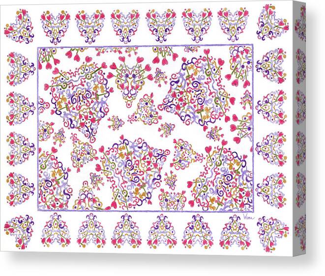 Lise Winne Canvas Print featuring the drawing Floating Hearts with Border by Lise Winne