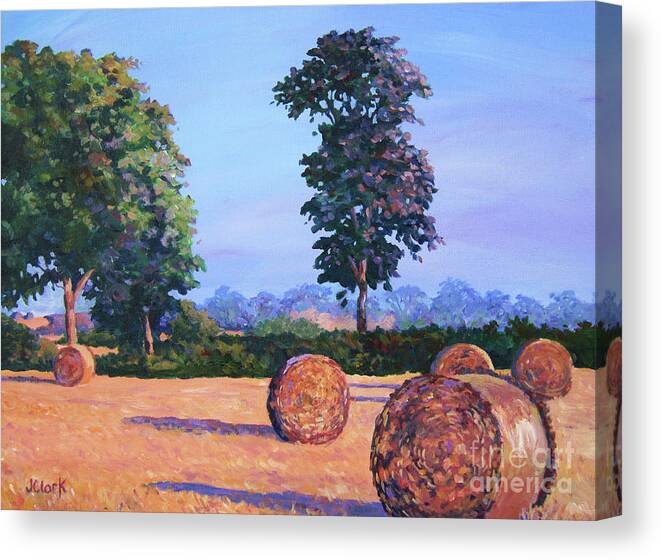 Lincolnshire Canvas Print featuring the painting Hay-bales in Evening Light by John Clark