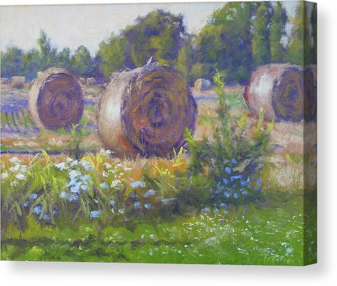 Hay Stacks Canvas Print featuring the painting Hay Stacks by Rusty Frentner