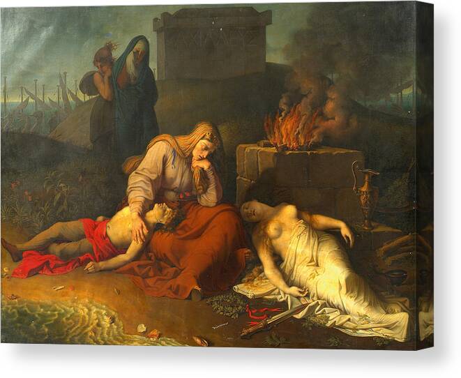 Karl Russ Canvas Print featuring the painting Hecabe with the corpses of her children Polyxena and Polydoros at the tomb of Achilles by Karl Russ