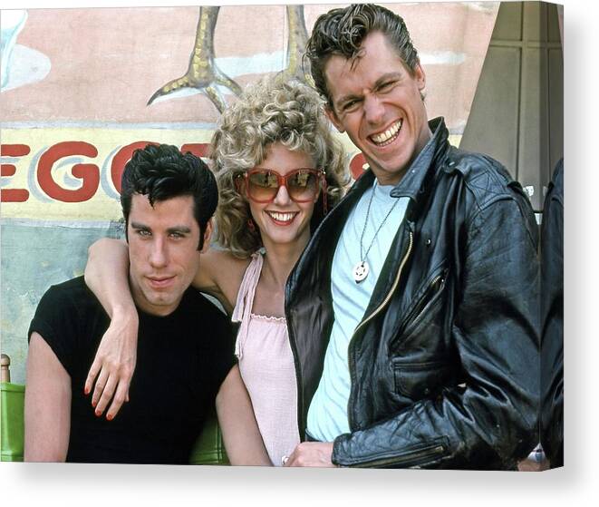 Jeff Conaway Canvas Print featuring the photograph JOHN TRAVOLTA , OLIVIA NEWTON-JOHN and JEFF CONAWAY in GREASE -1978-. by Album