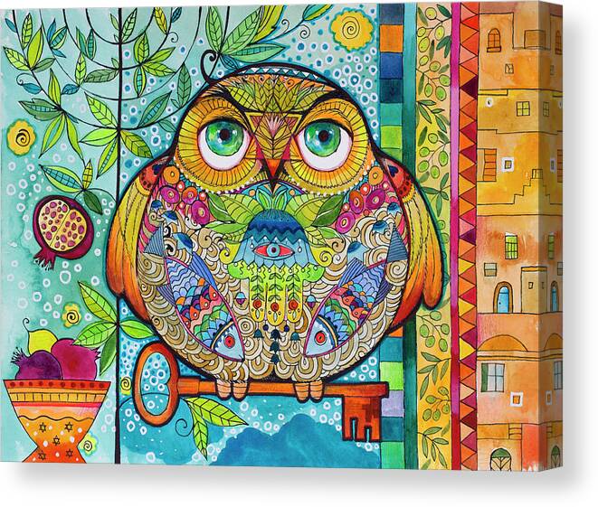 Judaica Folk Owl Canvas Print featuring the painting Judaica Folk Owl by Oxana Zaika