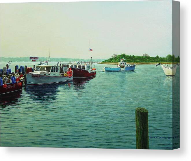 Harbor Overlooking Crab/lobster Boats Canvas Print featuring the painting Lobsters & Crabs by Bruce Dumas