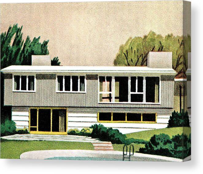 Architecture Canvas Print featuring the drawing Mid-century home by CSA Images