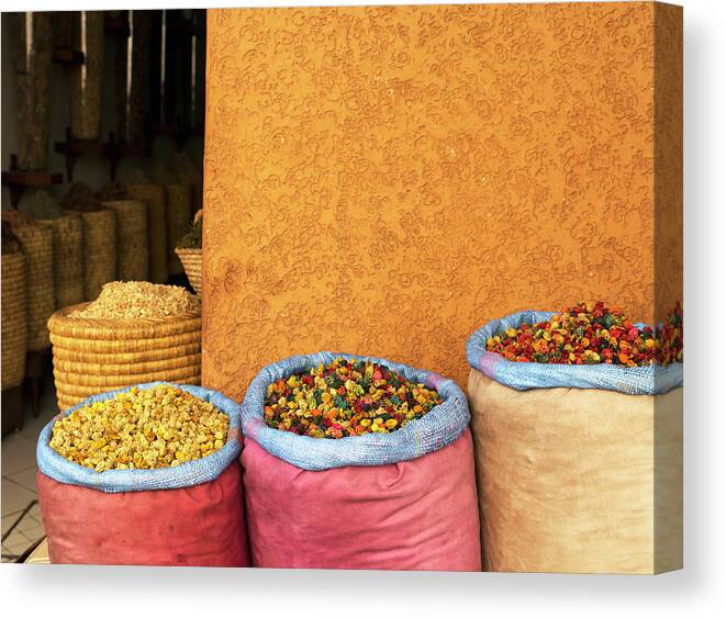 Spice Canvas Print featuring the photograph Moroccan Spices In The Souk Of Marrakech by Shomos Uddin
