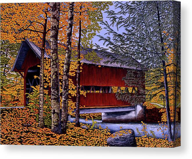 Covered Bridge Canvas Print featuring the painting Mountain Road Bridge by Thelma Winter