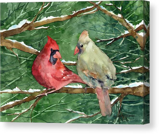 Male And Female Cardinals In A Tree Canvas Print featuring the painting Nestled Together by Annelein Beukenkamp