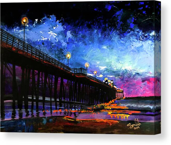 Oceanside California Pier Ocean Sunset Colors Neon Texture Sand Beach Contrast Sea Canvas Print featuring the painting Oceanside at night by Sergio Gutierrez