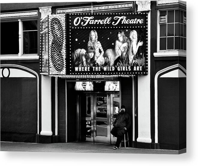 Farrell Canvas Print featuring the photograph O'Farrell Theatre entrance BW by RicardMN Photography