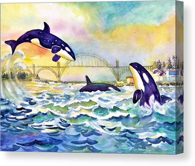 Orca Whales Canvas Print featuring the painting Orcas in Yaquina Bay by Ann Nicholson