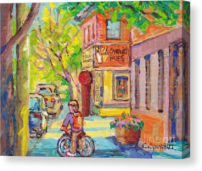 Canvas Print featuring the painting Paul Patate Diner Rue Coleraine And Charlevoix Pointe St Charles Montreal Paintings C Spandau Artist by Carole Spandau