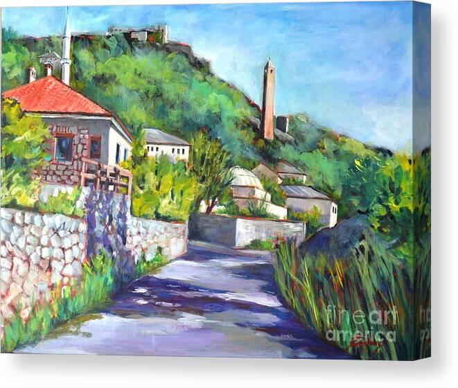 Village Canvas Print featuring the painting Pocitelji - a heritage village in Bosina by Betty M M Wong