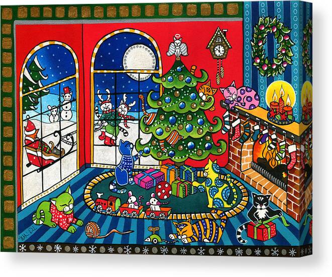 Purrfect Christmas Canvas Print featuring the painting Purrfect Christmas Cat Painting by Dora Hathazi Mendes