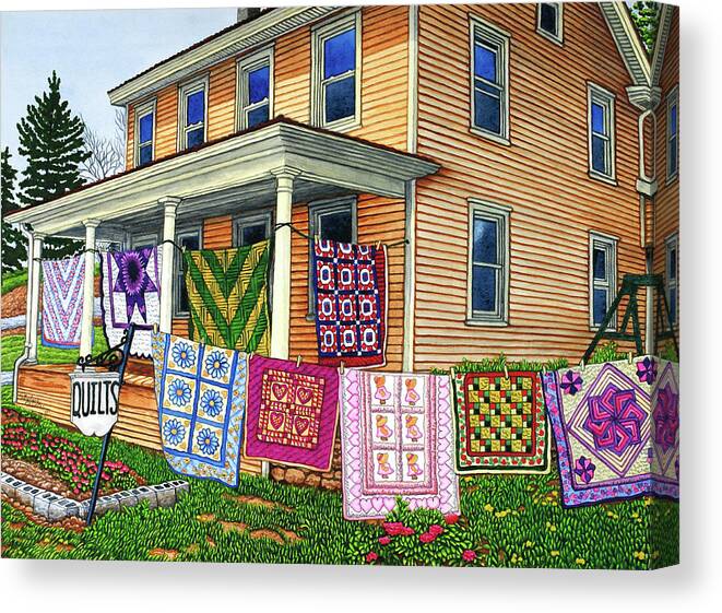Quilts Hanging In Front Of A House Canvas Print featuring the painting Quilts Nine On The Line, Lancaster, Pa by Thelma Winter