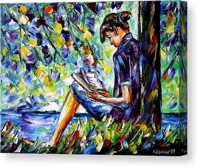 Girl With A Book Canvas Print featuring the painting Reading By The River by Mirek Kuzniar