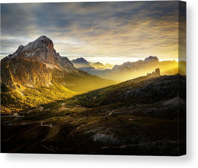 Landscape Canvas Print featuring the photograph Rising Sun Over Dolomites by Richard Kolarik