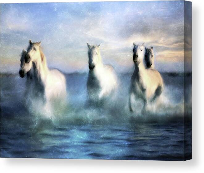 Running Horses Crashing Waves Canvas Print featuring the painting Running Horses Crashing Waves by Katrina Jones