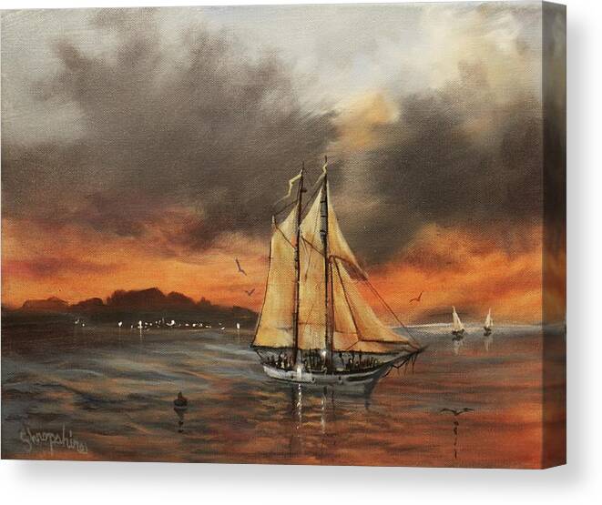 Schooner Canvas Print featuring the painting Safe Harbor by Tom Shropshire