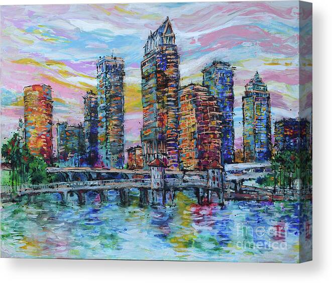 Tampa Skyline Canvas Print featuring the painting Shimmering Tampa Skyline by Jyotika Shroff