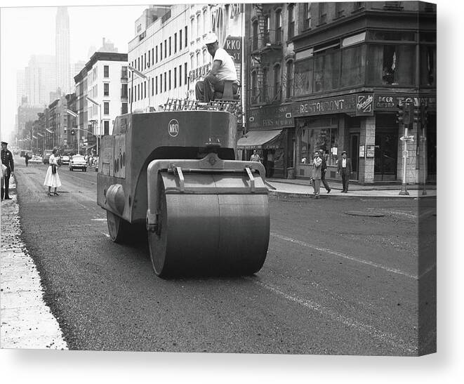 Outdoors Canvas Print featuring the photograph Steam Roller On Street, B&w by George Marks