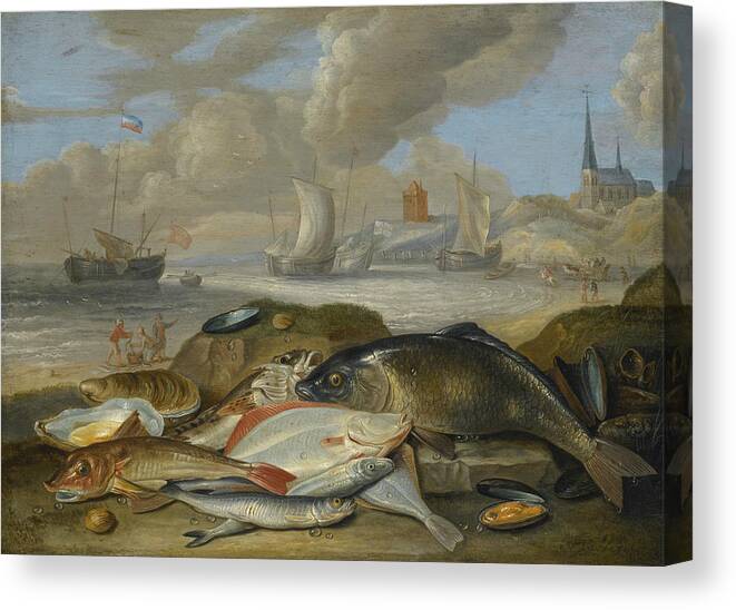 17th Century Art Canvas Print featuring the painting Still Life of Fish in a Harbor Landscape, Possibly an Allegory of the Element of Water by Jan van Kessel the Elder