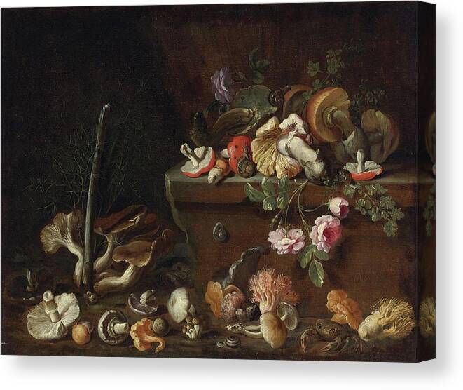 Still Life Canvas Print featuring the painting Still Life With Mushrooms And Flowers by Simone Del Tintore
