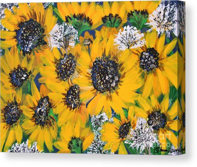 Prints Canvas Print featuring the painting Sunflowers and Queen Ann Lace Large Print Version by Barbara Donovan